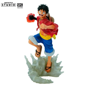 Luffy z One Piece w dynamicznej skokowej pozie z efektami ognia i dymu