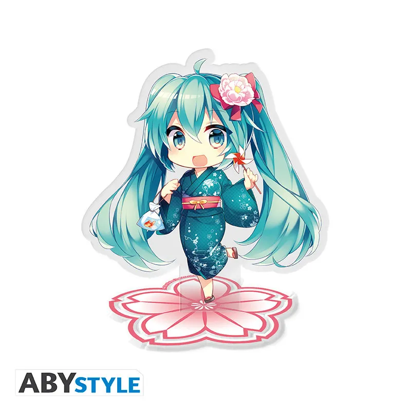 Akrylowa figurka Hatsune Miku w ciemnoniebieskim kimono na podstawce w kształcie kwiatu wiśni