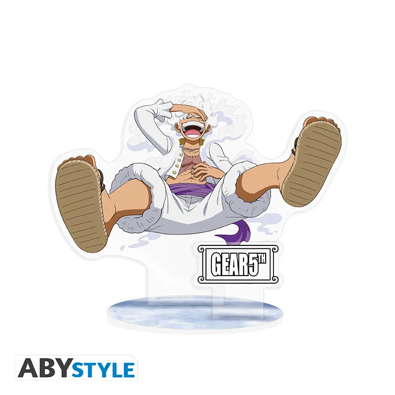 Akrylowa figurka roześmianego Luffy'ego w formie Gear 5th z One Piece na podstawce
