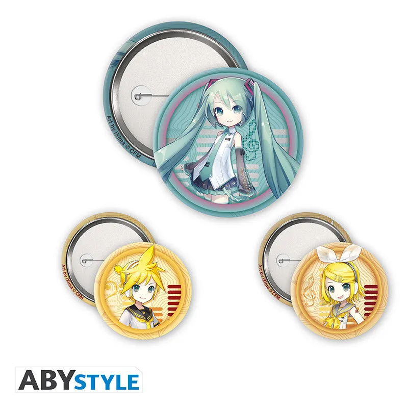 Zestaw 3 przypinek z Hatsune Miku oraz Lenem i Rin Kagamine pokazujący przód i zapięcia