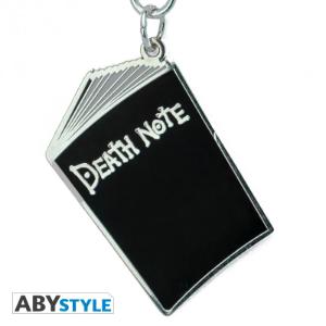 Zbliżenie na czarną metalową zawieszkę w kształcie księgi Death Note