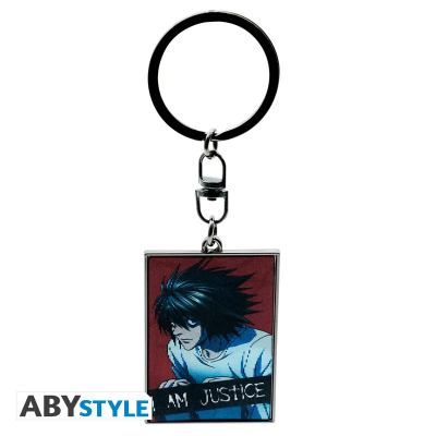 Prostokątny metalowy brelok Death Note z postacią L i napisem I Am Justice