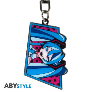 Kolorowy metalowy brelok z twarzą Hatsune Miku na różowym tle w kropki